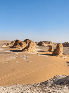 Desert terrain with tire tracks and buttes