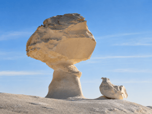Mushroom rock formation in desert landscape